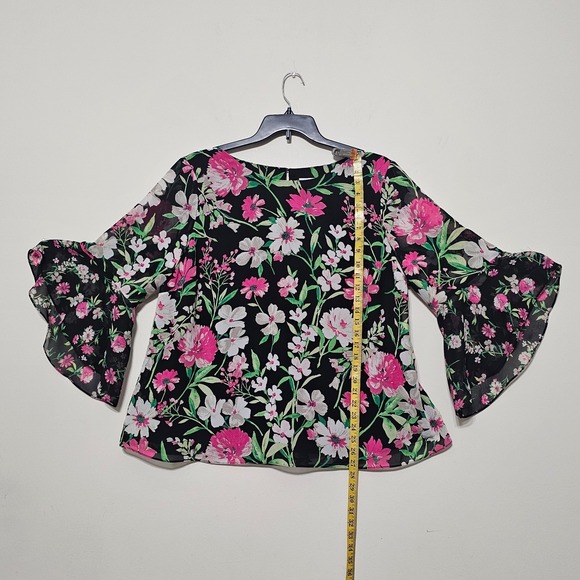 Kasper Woman Top Blouse 2X Black Floral Pink Pullover Crew Flutter Sleeves 0767 - Picture 3 of 13
